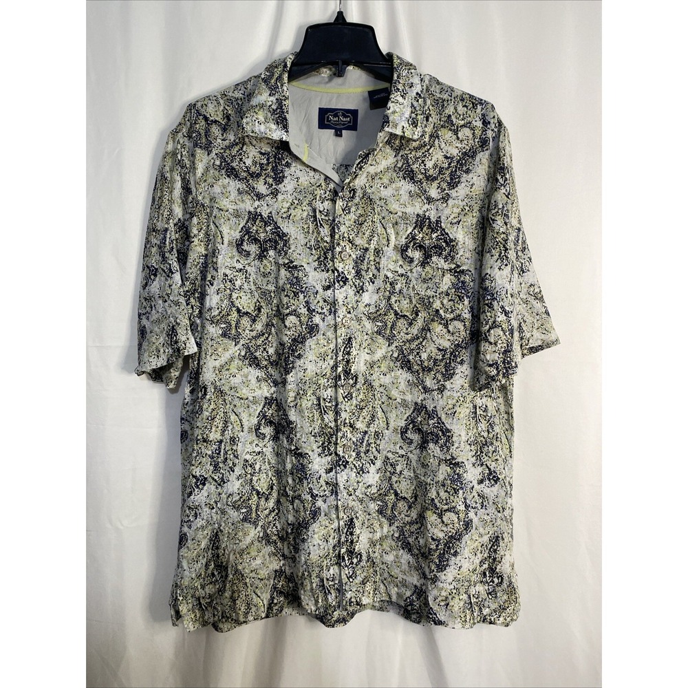 Nat Nast Button Down Shirt Mens L Cream Navy Lime Excellent 100% Linen Abstract